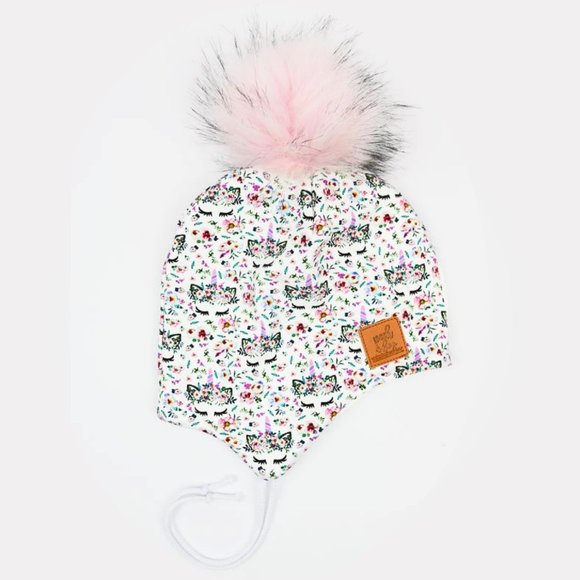 Peekaboo Homemade Removable Pompon Unicorn Floral 3 Season Ear Flap Toque - Picture 1 of 1